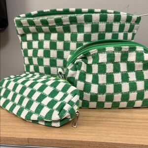 Green and White Checkered makeup travel Pouch Set